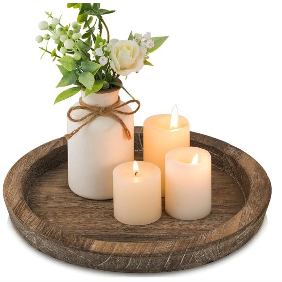 Rustic Round Wooden Candle Plate Tray – 11" Farmhouse Table Centerpiece for Teal - Picture 1 of 6